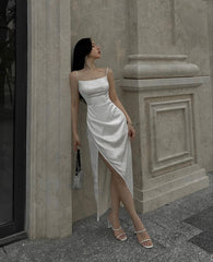 Elegant A Line Spaghetti Straps Ivory Slit Long Prom Dress Evening Dresses HZ1024