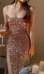 Elegant Sheath Spaghetti Straps Slit Sequin Long Prom Dress Evening Dresses HZ1024