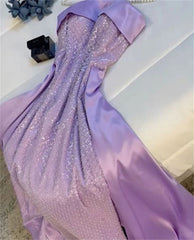 Classy Sheath Strapless Long Lilac Satin Party Dress Prom Dresses Evening Dress HZ1024