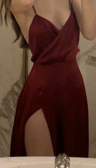 Classy A line Spaghetti Straps Red Satin Party Dress Prom Dresses Evening Dress HZ1024