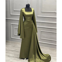 Elegant Sheath Square Neckline Olive Green Satin Long Prom Dress Evening Dresses With Ruffles HZ1024