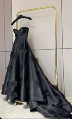 Pretty A line Sweetheart Black Satin Prom Dress Evening Dresses With Flowers HZ1024