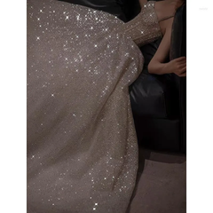 Pretty A Line Spaghetti Straps Silver Sequin Long Prom Dress Evening Dresses HZ1024