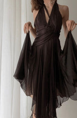 Elegant A Line Halter Brown Chiffon Long Prom Dress Evening Dresses HZ1024