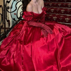 Elegant A line Off The Shoulder Red Satin Long Prom Dress Evening Dresses With Gloves HZ1024