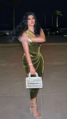 Pretty Sheath One Shoulder Green Velvet Slit Tea Length Evening Dress Prom Dresses HZ1024