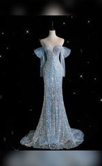 Pretty Mermaid Off The Shoulder Sequin Long Sleeves Evening Dress Prom Dresses HZ1024