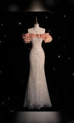 Pretty Mermaid Off The Shoulder Sequin Silver Evening Dress Prom Dresses HZ1024