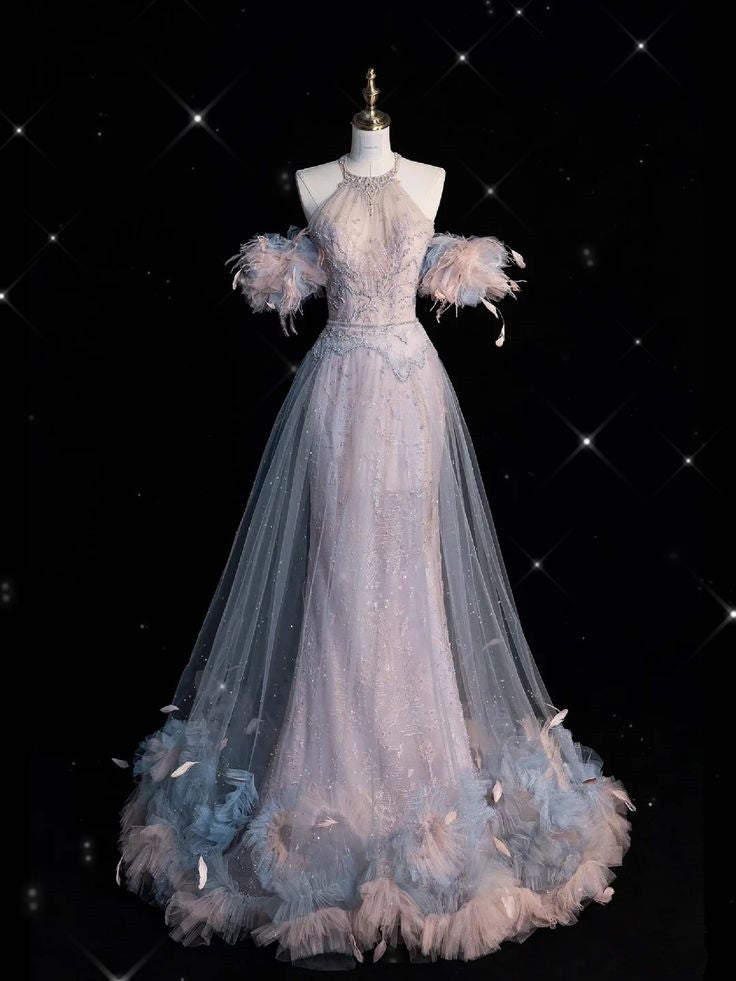 Pretty Mermaid High Neckline Short Sleeves Tulle Evening Dress Prom Dresses With Feather HZ1024