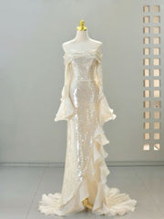 Pretty Mermaid Off The Shoulder Long Sleeves Sequin Evening Dress Prom Dresses With Ruffles HZ1024