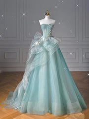 Pretty Ball Gown Sweetheart Tulle Green Long Evening Dress Prom Dresses With Ruffles HZ1024