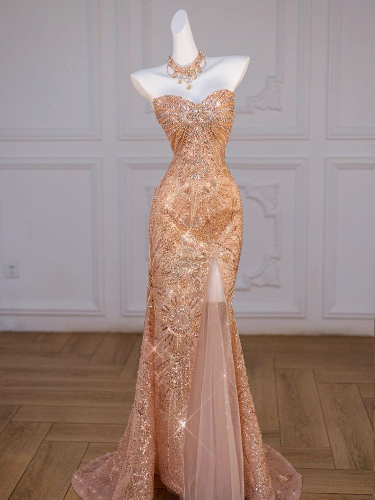 Sparkly Mermaid Sweetheart Sequin Long Slit Gold Evening Dress Prom Dresses With Beads HZ1024