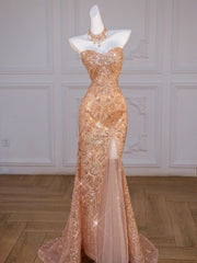 Sparkly Mermaid Sweetheart Sequin Long Slit Gold Evening Dress Prom Dresses With Beads HZ1024