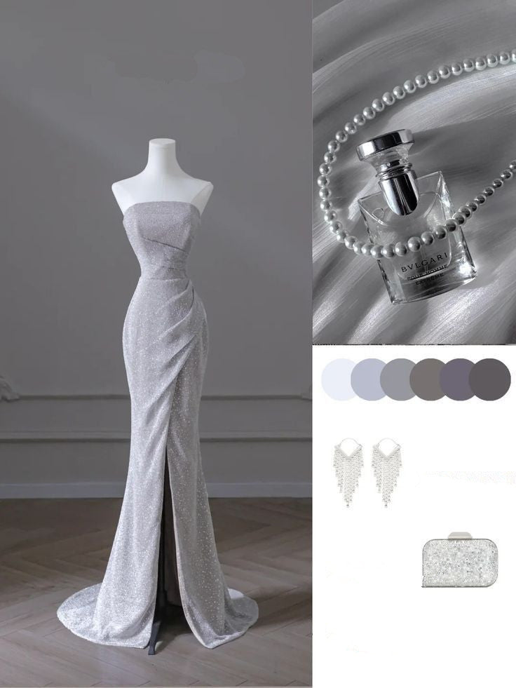 Sparkly Mermaid Strapless Sequin Long Slit Evening Dress Prom Dresses With Ruffles HZ1024