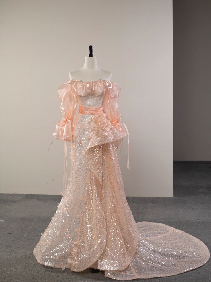 Pretty Mermaid Off The Shoulder Sequin Long Sleeves Evening Dress Pink Prom Dresses With Ruffles HZ1024