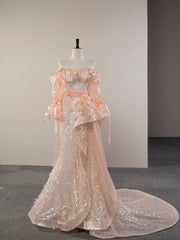 Pretty Mermaid Off The Shoulder Sequin Long Sleeves Evening Dress Pink Prom Dresses With Ruffles HZ1024