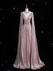 Pretty A Line V Neckline Sequin Long Sleeves Pink Evening Dress Prom Dresses HZ1024