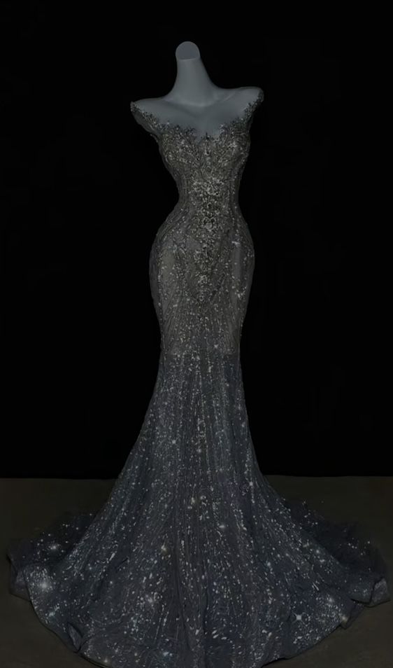 Pretty Mermaid Off The Shoulder Sequin Cap Sleeves Evening Dress Silver Prom Dresses With Beads HZ1024