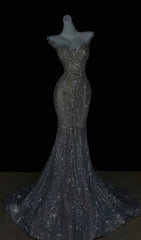 Pretty Mermaid Off The Shoulder Sequin Cap Sleeves Evening Dress Silver Prom Dresses With Beads HZ1024