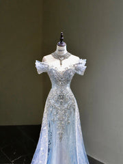 Pretty Mermaid Off The Shoulder Sequin Cap Sleeves Blue Evening Dress Long Prom Dresses With Beads HZ1024