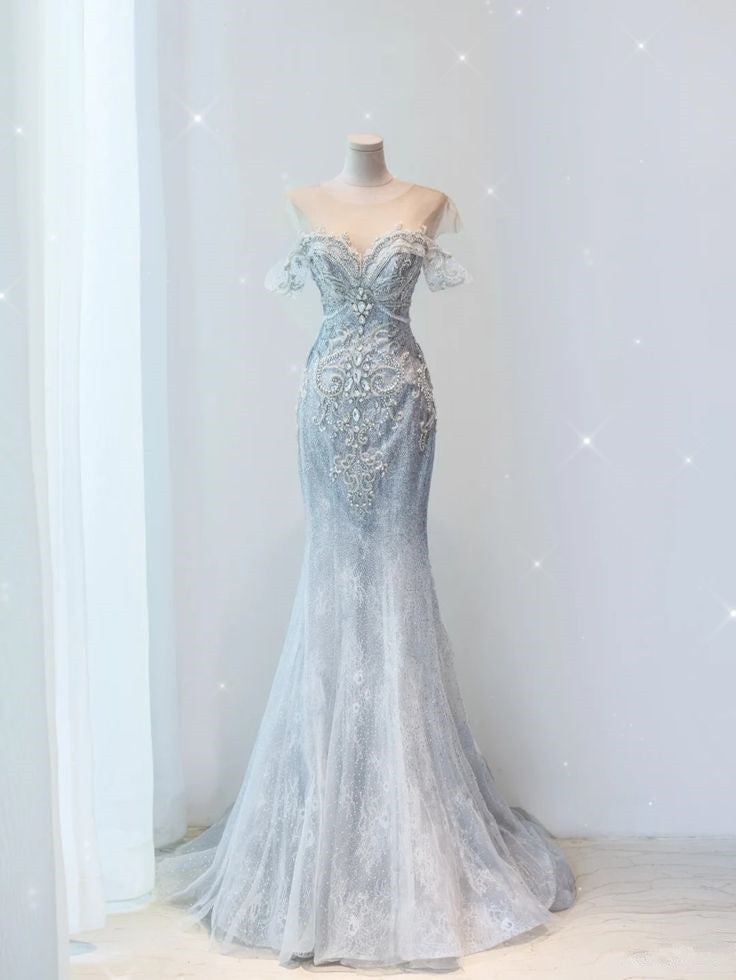 Pretty Mermaid Off The Shoulder Sequin Cap Sleeves Gray Evening Dress Long Prom Dresses With Beads HZ1024