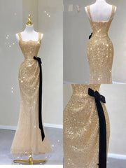 Pretty Mermaid Square Neckline Gold Sequin Long Evening Dress Prom Dresses HZ1024