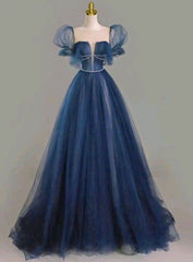 Pretty A Line Short Puffy Sleeves Navy Blue Long Evening Dress Prom Dresses With Beads HZ1024