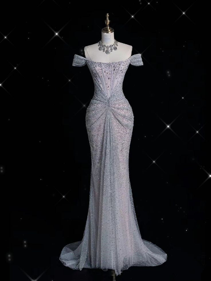 Elegant Mermaid Off The Shoulder Silver Sequin Evening Dress Long Prom Dresses HZ1024