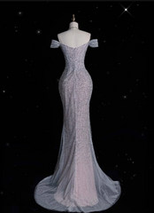 Elegant Mermaid Off The Shoulder Silver Sequin Evening Dress Long Prom Dresses HZ1024