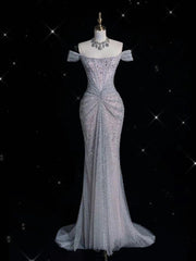 Elegant Mermaid Off The Shoulder Silver Sequin Evening Dress Long Prom Dresses HZ1024