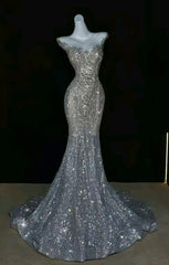 Elegant Mermaid Scoop Neckline Silver Sequin Evening Dress Long Prom Dresses HZ1024