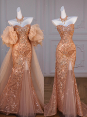 Sparkly Mermaid Sweetheart Sequin Long Slit Gold Evening Dress Prom Dresses With Beads HZ1024