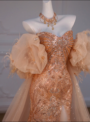 Sparkly Mermaid Sweetheart Sequin Long Slit Gold Evening Dress Prom Dresses With Beads HZ1024