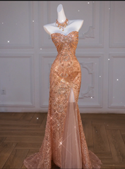 Classy Mermaid Off The Shoulder Slit Sequin Long Party Dress Prom Dresses SD1815