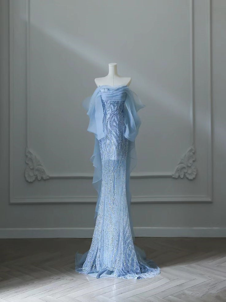 Elegant Mermaid Off The Shoulder Sequin Blue Evening Dress Long Slit Prom Dresses HZ1024