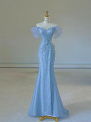Elegant Mermaid Off The Shoulder Sequin Blue Evening Dress Long Prom Dresses HZ1024