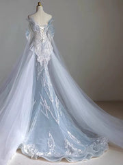 Elegant Mermaid Strapless Sequin Sky Blue Evening Dress Long Prom Dresses HZ1024