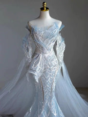 Elegant Mermaid Strapless Sequin Sky Blue Evening Dress Long Prom Dresses HZ1024