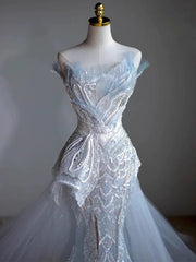 Elegant Mermaid Strapless Sequin Sky Blue Evening Dress Long Prom Dresses HZ1024