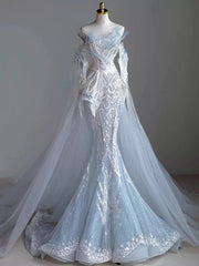 Elegant Mermaid Strapless Sequin Sky Blue Evening Dress Long Prom Dresses HZ1024