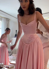 Pink retro elegant sweetheart neckline A-line spaghetti strap satin long evening dress birthday party dress bridesmaid dress gh3199