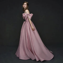 Elegant A line Off The Shoulder Satin Pink Evening Dress Long Prom Dresses HZ1024