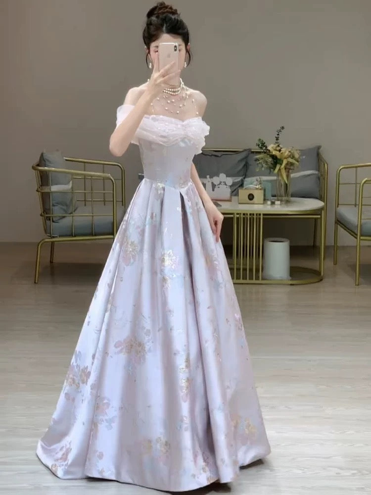 Elegant A line Off The Shoulder Satin Floral Evening Dress Long Prom Dresses HZ1024