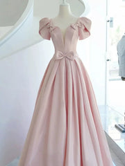 Elegant A line Square Neckline Satin Short Sleeves Pink Evening Dress Long Prom Dresses HZ1024
