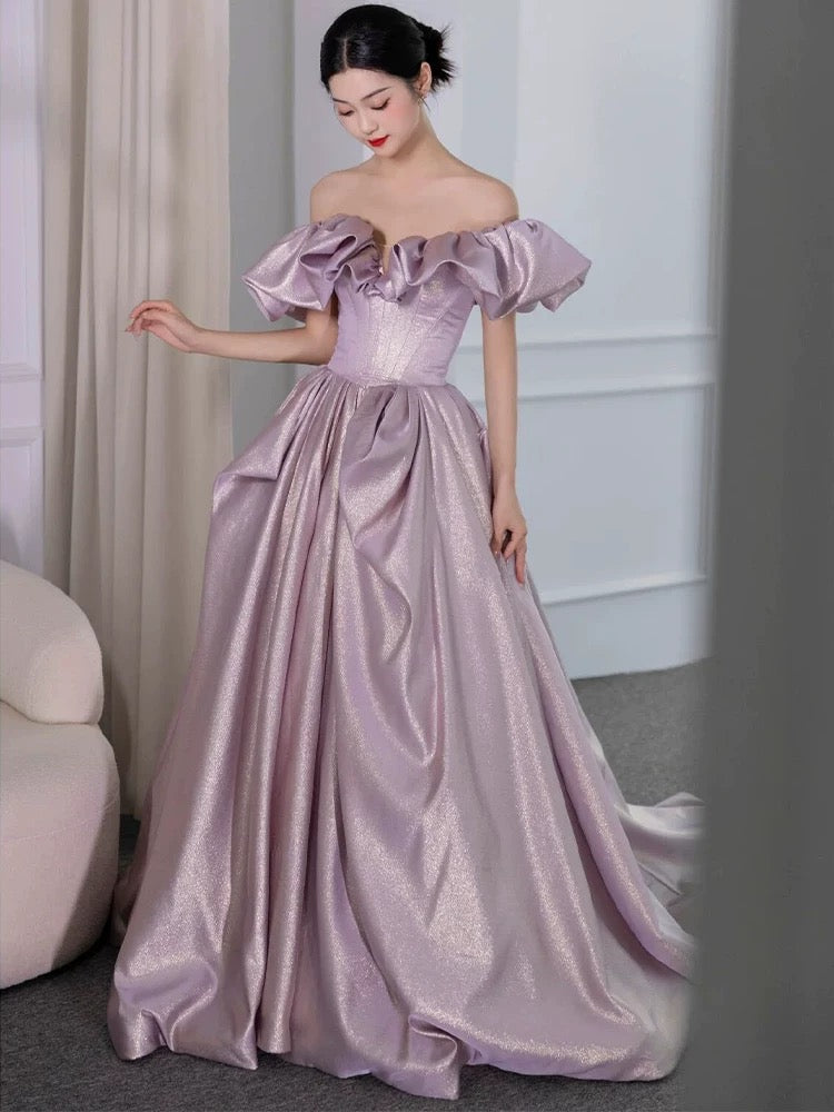 Elegant Ball Gown Off The Shoulder Lilac Short Sleeves Evening Dress Long Prom Dresses HZ1024