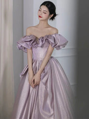 Elegant Ball Gown Off The Shoulder Lilac Short Sleeves Evening Dress Long Prom Dresses HZ1024