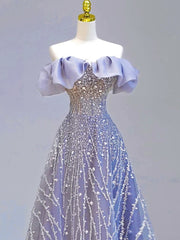 Elegant Ball Gown Off The Shoulder Lilac Short Sleeves Sequin Evening Dress Long Prom Dresses HZ1024