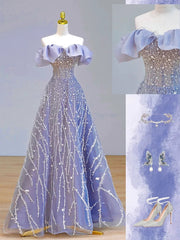 Elegant Ball Gown Off The Shoulder Lilac Short Sleeves Sequin Evening Dress Long Prom Dresses HZ1024