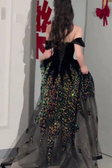 Elegant Ball Gown Off The Shoulder Black Short Sleeves Sequin Evening Dress Long Prom Dresses HZ1024