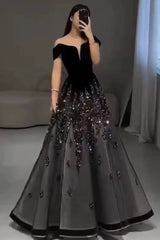 Elegant Ball Gown Off The Shoulder Black Short Sleeves Sequin Evening Dress Long Prom Dresses HZ1024